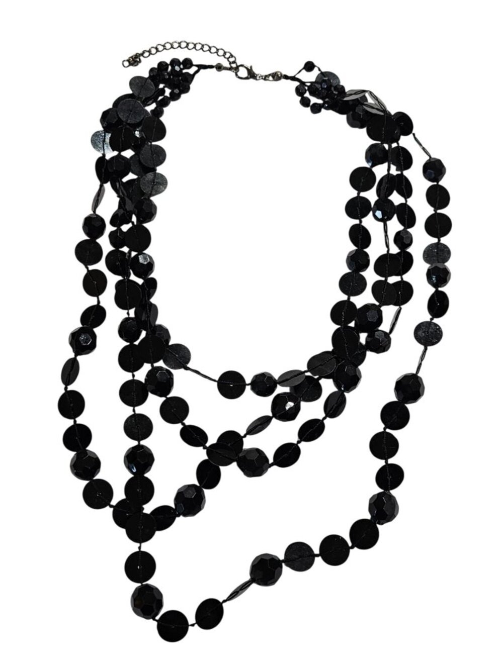 3 Strand Black Plastic Faceted Beaded Necklace Sequins Thread